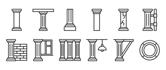 Fototapeta premium Diverse collection of twelve black outline column icons, depicting various architectural styles and structural elements, presented with clean lines and simple forms