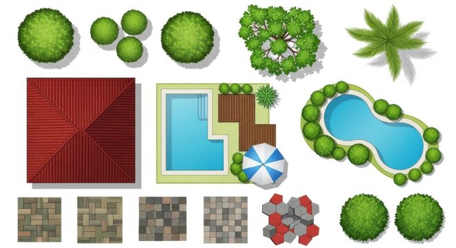 Top view collection of landscape design elements including trees pools and garden tiles.