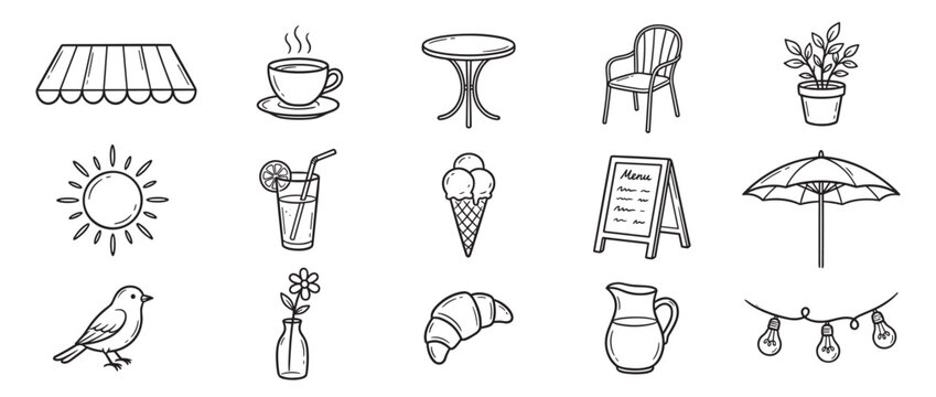 Collection of hand-drawn cafe and outdoor elements, including an awning, coffee cup, table, chair, plant, sun, drink, ice cream, menu, umbrella, bird, flower, croissant, pitcher, and string