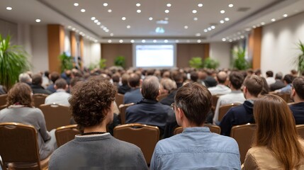 Fototapeta premium A large audience is seated in a conference hall attentively observing a presentation displayed on a large screen