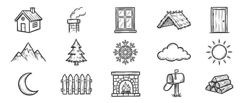Collection of hand-drawn black and white doodle icons featuring various house elements and nature symbols, rendered in a charming, rustic style