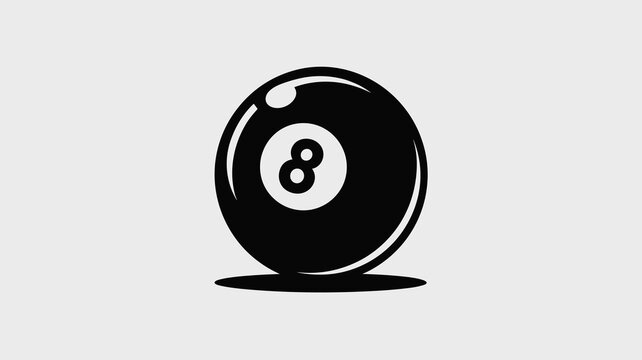 A high contrast minimalist flat vector illustration of a black eight ball isolated on a light background representing luck, billiards, gaming, fortune telling, decision making, snooker, and sports lei