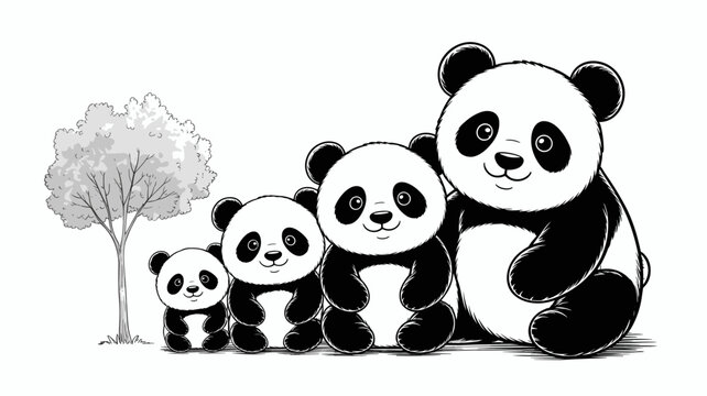 A happy panda family of four bears standing together beside a whimsical tree in a charming monochrome ink illustration, representing love, parenthood, unity, wildlife conservation and gentle nature jo