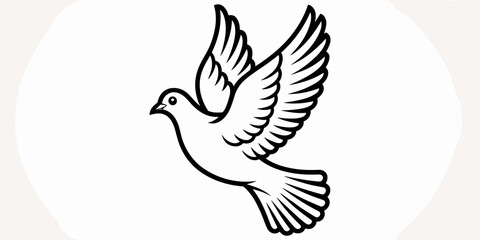 Fototapeta premium Minimalist white dove flying in midair on a clean white background, symbolic of peace, freedom, spirit, hope, and love. Elegant black outline bird illustration for religious, spiritual, or memorial ar