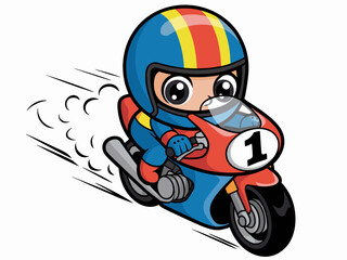 Obraz premium Cute cartoon character riding a fast red sport motorcycle with number one plate on a speed race track, dynamic motion blur lines effect, vibrant vector art for children kids branding, hobby leisure co