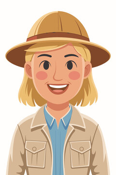Friendly woman explorer character wearing a traditional pith hat and khaki field shirt for adventure travel exploration or wilderness safari tour guide services as a professional hiking trekking icon 