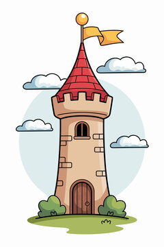 Charming medieval stone tower castle illustration with a red roof, golden flag, and fluffy clouds in a whimsical fairytale landscape setting, perfect for children books, fantasy storytelling, and gami