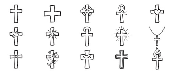 Fototapeta premium Collection of fifteen hand-drawn Christian cross symbols, featuring various religious motifs and styles, presented in a doodle art style