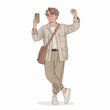 A happy young man with modern glasses and brown hair wearing casual earth-tone clothes stands comfortably while using a mobile phone to capture a selfie and celebrating success with a raised fist gest