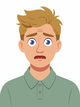 A distressed young man with blonde hair showing a worried facial expression, featuring a concerned emotion in a portrait style. The anxious character depicts stress, surprise, or fear in a modern grap