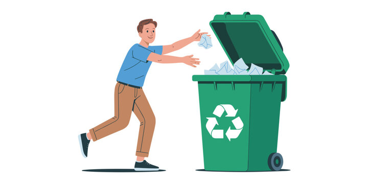 Young man throwing crumpled paper into a green recycling bin in flat vector style illustration, depicting eco-friendly waste management, environmental conservation, sustainability, and responsible dis