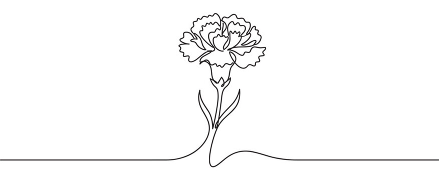 Delicate single line art drawing of a beautiful carnation flower with ruffled petals and slender leaves, rendered in a minimalist style