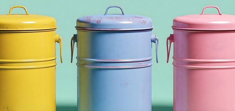 Three colorful metal trash cans in yellow blue and pink against a green background