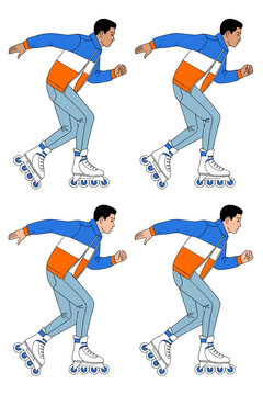 Seamless repeating pattern of a young man inline skating, professional rollerblader character in sportswear, vibrant motion and active recreation, flat vector illustration design for sports apparel gr