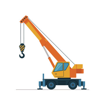 A vibrant yellow and orange mobile industrial crane designed for heavy lifting and construction projects, featuring a detailed telescopic boom, large wheels, and stabilization outriggers for site safe