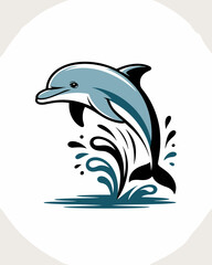 Obraz premium A stylized energetic dolphin jumping out of water, creating dynamic splash effects in a flat vector illustration, perfect for marine life branding, coastal decor, ocean conservation concepts, travel l
