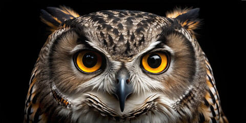 Fototapeta premium An owl stares at the camera with bright orange eyes in a dark background. The owl's feathers and face show clear details. The animal appears alert and focused on its surroundings