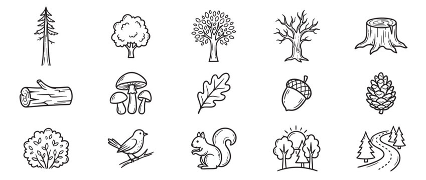 Collection of hand-drawn black and white forest elements, including various trees, plants, animals, and natural objects, presented in a simple doodle style