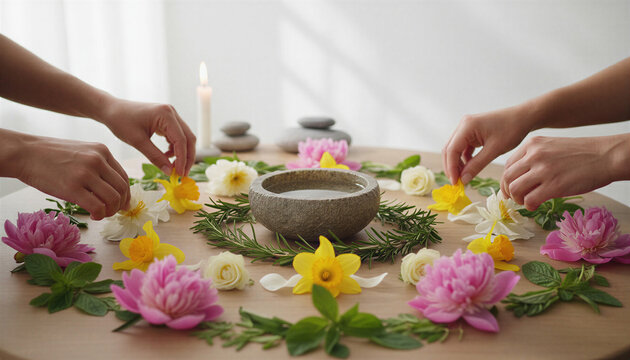 Hands arranging flowers and natural elements around bowl and candle in serene indoor setting. Mindful ritual, emotional balance, self care practice and inner harmony concept.
