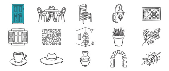 Fototapeta premium Collection of hand-drawn Mediterranean-themed elements including a blue door, patio furniture, potted plant, and olive branch, rendered in a clean line art style