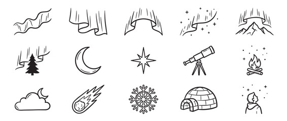 Obraz premium Collection of hand-drawn outline icons depicting various elements of the night sky and winter, including aurora borealis, stars, moon, and igloo