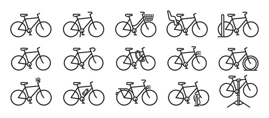 Naklejka premium Collection of fifteen black outline bicycle icons depicting various types and accessories in a clean, minimalist style