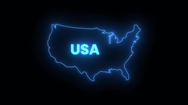 Glowing neon USA map with lens flare animation isolated on black background