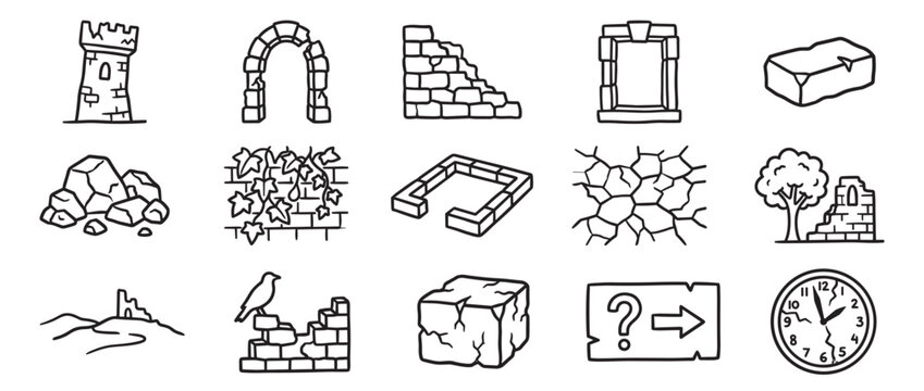 Collection of hand-drawn black outline icons depicting various ancient ruins and weathered objects, presented in a simple, illustrative style
