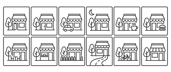 Fototapeta premium Collection of twelve simple outline icons depicting various small shops and businesses with different elements