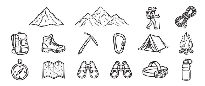 Collection of hand-drawn black and white doodle icons representing various outdoor adventure and camping equipment
