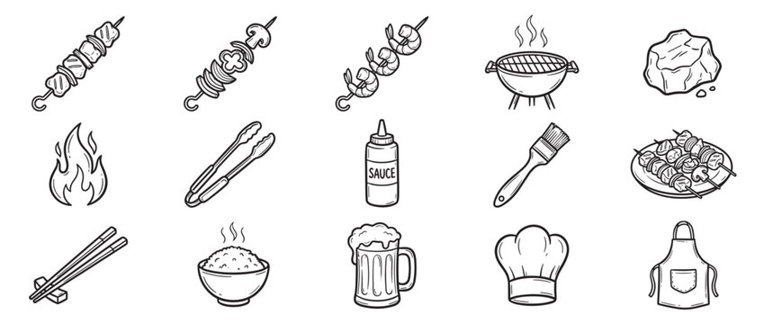 Collection of hand-drawn barbecue and cooking related items, including skewers, grill, fire, and kitchen tools, presented in a clean line art style