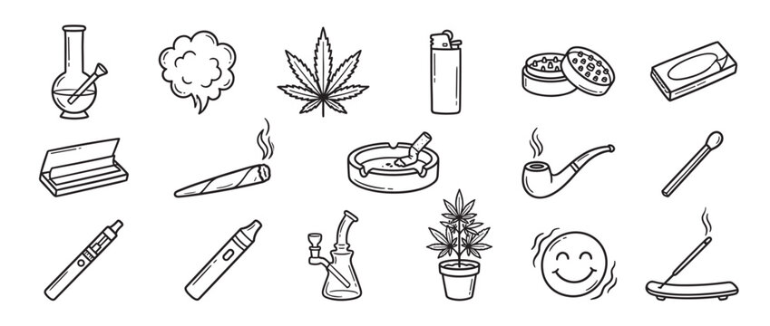 Collection of hand-drawn cannabis and smoking accessories icons, including a bong, grinder, joint, and marijuana leaf