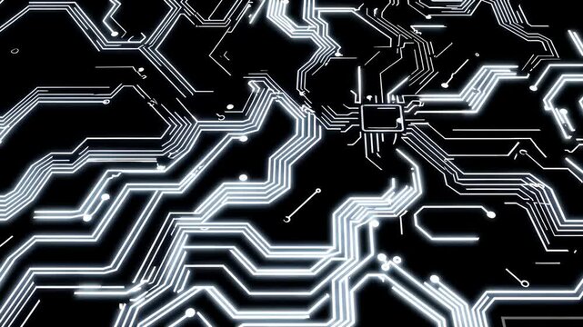 White animated circuit board lines radiate data. Digital technology backdrop. Data lines flow. Central computer processor CPU concept. Motherboard digital chip.