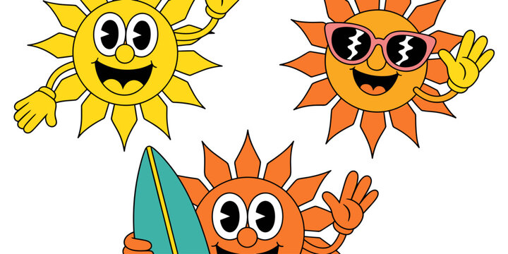 Fun happy cartoon sun character set featuring joyful yellow and orange solar mascots with sunglasses and a surfboard for summer vacation graphic design projects, vibrant retro sticker style summer ico
