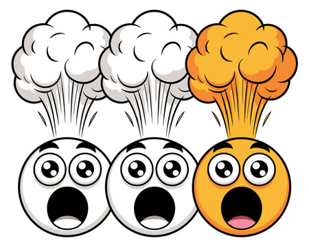 Three shocked emoji faces with exploding heads or steam blowing out, set of intense amazed yellow and white emotional icons, surprised reactions for digital communication, expressive artistic graphic 