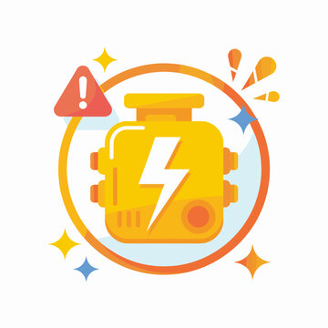 Yellow engine motor icon with lightning bolt symbol representing electrical power generator or high voltage energy source warning alert featuring vector flat graphic design elements for industrial tec