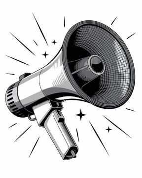 Vintage megaphone illustration featuring a retro handheld loudspeaker for public speaking announcements, broadcasting communication, protest mobilization, marketing campaigns, leadership, and bold soc