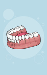 A detailed 3D cartoon style illustration of an anatomical human lower mandible jawbone with healthy white teeth and pink gums set against a soft blue background perfect for medical education dental ch