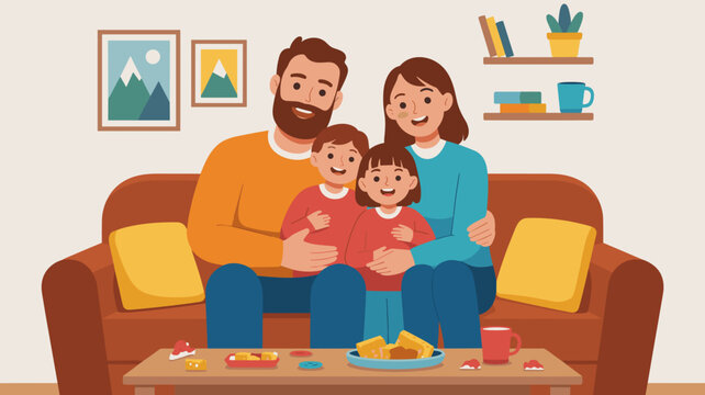 A happy young family with parents and two children sitting together on a comfortable sofa in a cozy living room, enjoying quality time with snacks, portraying themes of love, domestic bliss, and paren