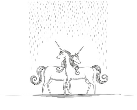 Two magical unicorns standing close together under soft romantic rain gentle fantasy creatures featuring flowing manes and elegant horns depicted in a minimalist black and white line art style for fai