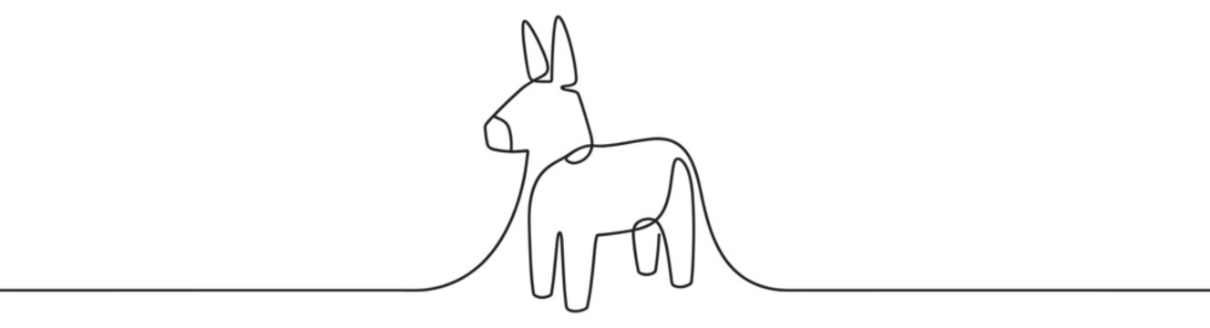 Continuous single line drawing of a donkey standing on a thin line, minimalist vector illustration