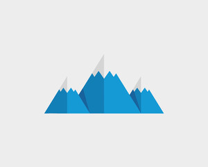 Minimalist mountain range illustration isolated on grey background featuring three triangular peaks with snowy tops, geometric flat design style for outdoor adventure travel branding, conservation, ec