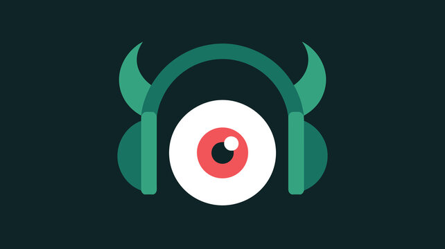 Minimalist graphic icon featuring a mysterious cyclops eye wearing vibrant green devil horn headphones isolated on a dark background for modern creative multimedia branding digital music tech concepts