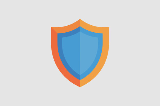 Minimalist shield icon featuring a vibrant blue emblem with an orange border set against a neutral grey background representing digital protection cyber security safety assurance and modern data forti