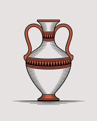 Minimalist digital illustration of an ancient Greek amphora urn featuring traditional geometric triangle patterns and classic clay terracotta handles, perfect for historical education, museum exhibits