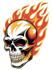 A fierce flaming human skull illustration featuring dynamic orange fire embers and intense heat radiating textures for bold tattoo designs, heavy metal music branding, biker culture apparel and macabr