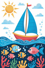 Cartoon sailboat sailing on ocean surface with colorful tropical fish swimming among coral reefs in a vibrant underwater marine life scene perfect for creative children book illustrations decor and ed