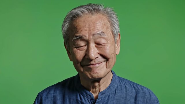 Elderly Asian man expressing emotions against bright green background