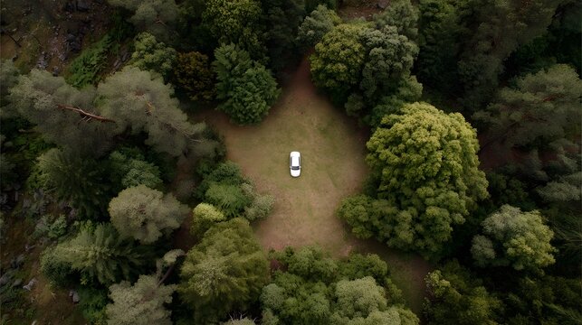 Aerial view of a solitary white car parked in a sunlit clearing surrounded by a dense lush forest