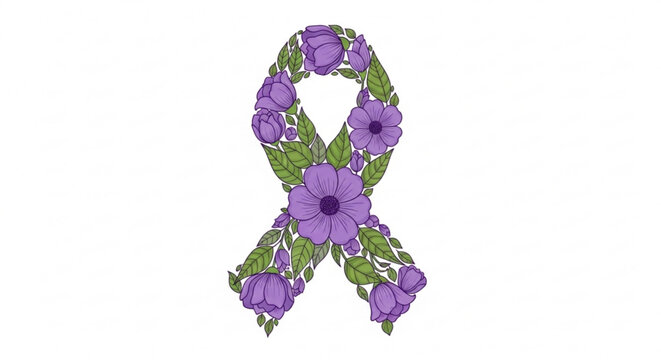 Purple floral awareness ribbon symbol with green leaves on white background for epilepsy cancer and domestic violence support